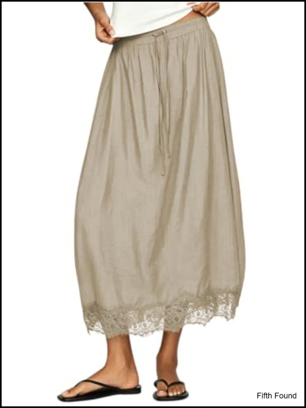 Lace Hem Midi Skirt High Waist A-Line with Pockets Casual